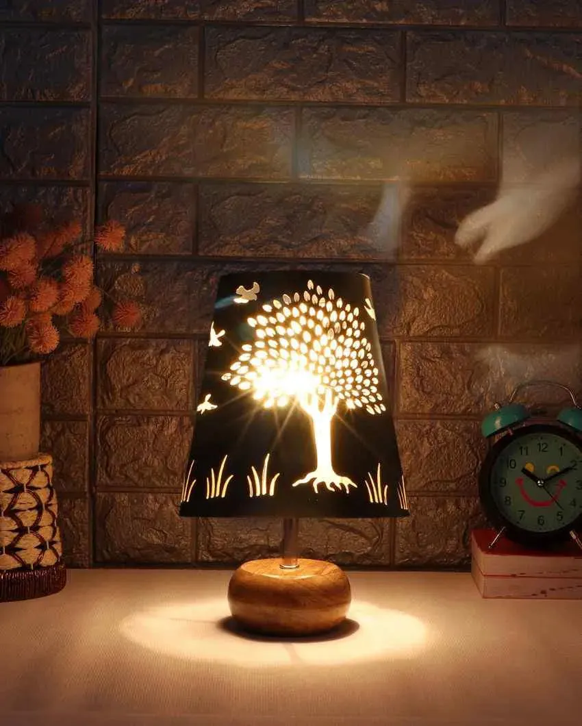 Tree Metal Etching Table Lamp With Natural Wood Round Base | 6 x 8 inches