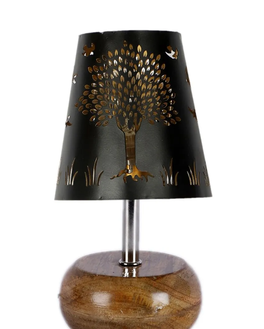 Tree Metal Etching Table Lamp With Natural Wood Round Base | 6 x 8 inches