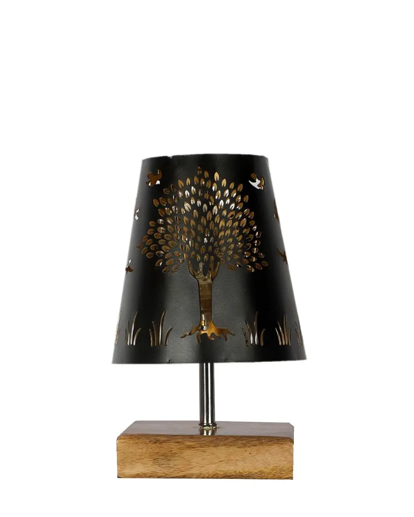 Tree Metal Etching Table Lamp With Natural Wood Square Base | 6 x 8 inches