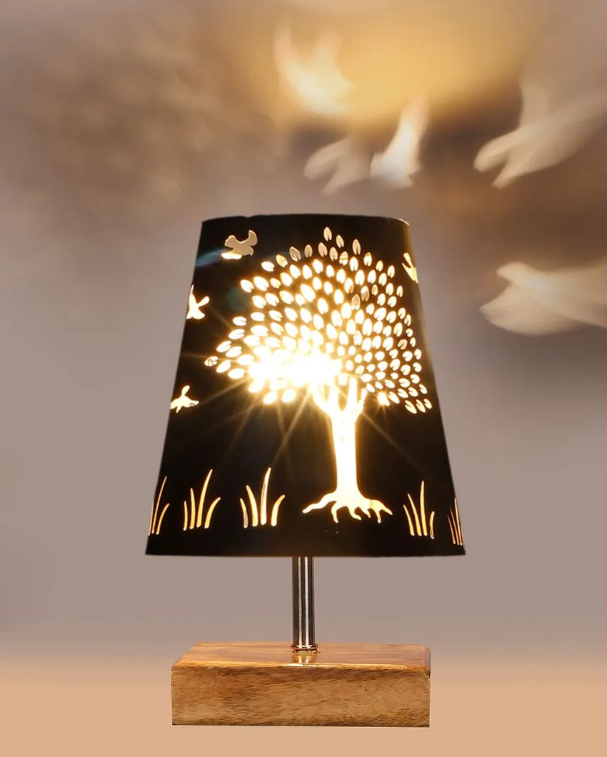 Tree Metal Etching Table Lamp With Natural Wood Square Base | 6 x 8 inches