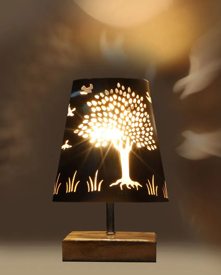 Tree Metal Etching Table Lamp With Natural Wood Square Base | 6 x 8 inches