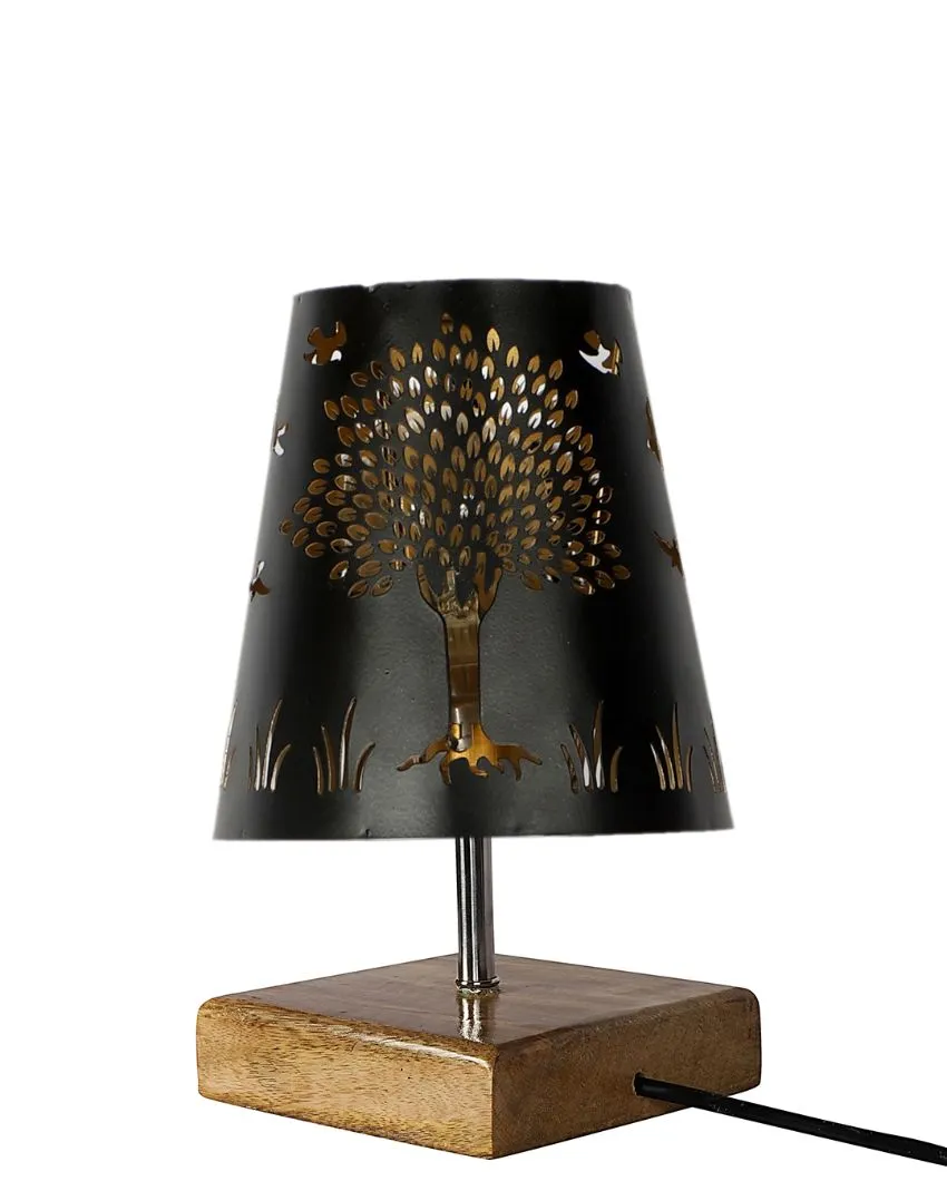 Tree Metal Etching Table Lamp With Natural Wood Square Base | 6 x 8 inches