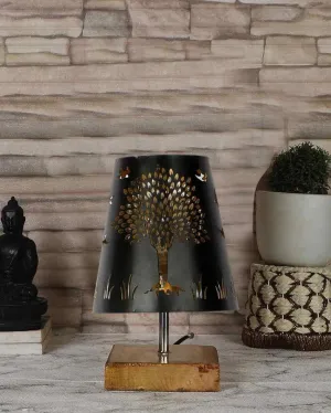 Tree Metal Etching Table Lamp With Natural Wood Square Base | 6 x 8 inches