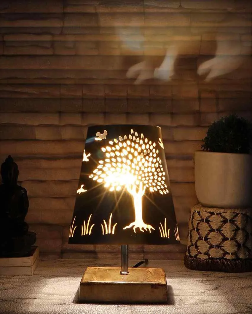 Tree Metal Etching Table Lamp With Natural Wood Square Base | 6 x 8 inches
