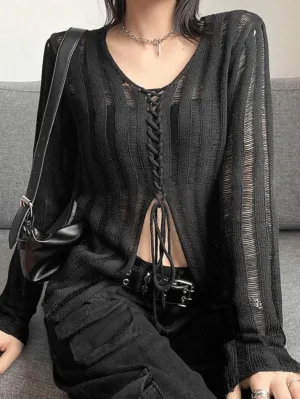 Wenkouban-Spring Casual Outfits Y2K Outfits Tie Front Distressed Sheer Knit Top