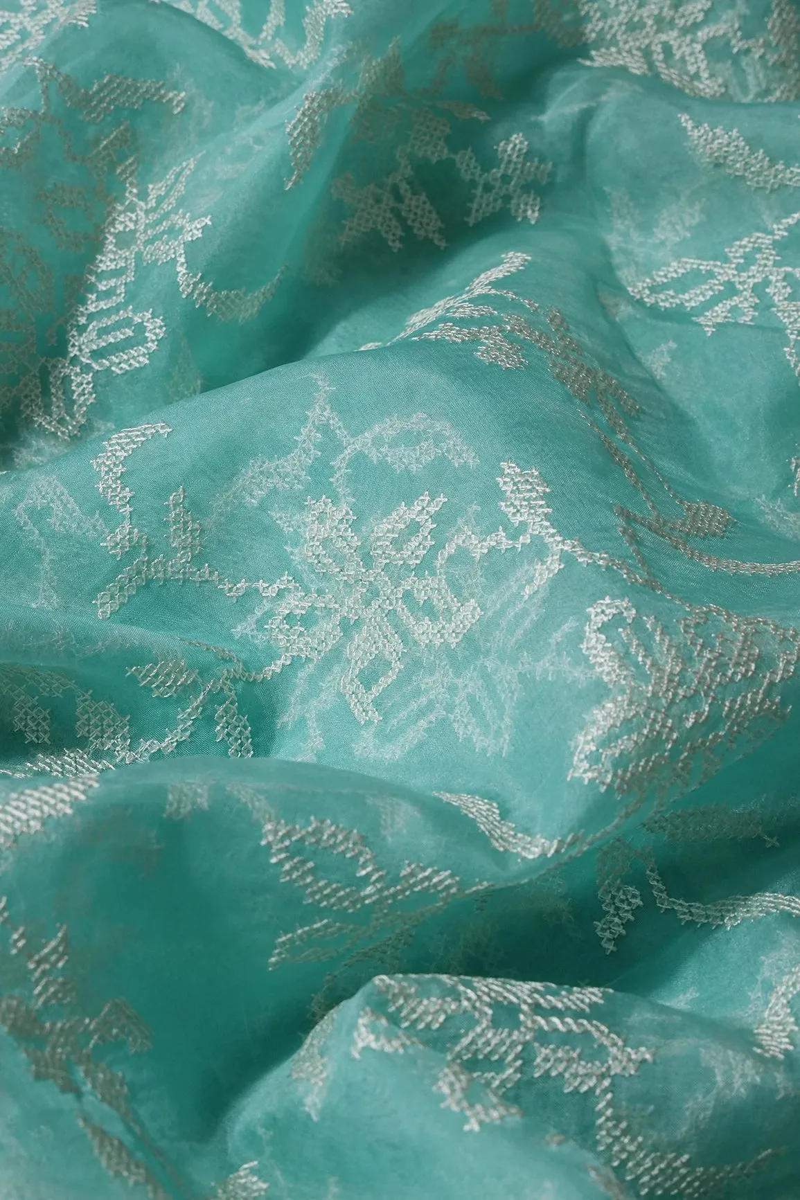 White Thread Magnificent Floral Embroidery Work On Sea Green Organza Fabric