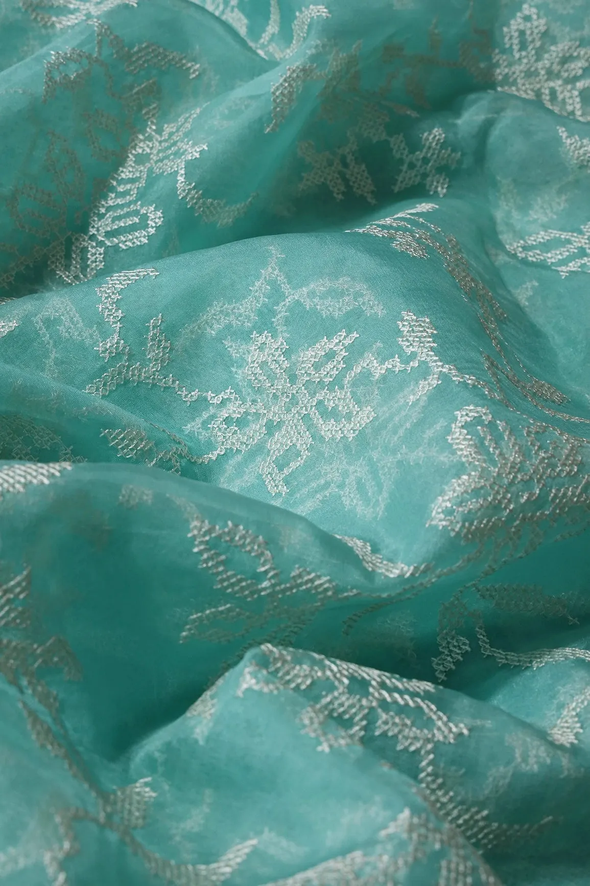 White Thread Magnificent Floral Embroidery Work On Sea Green Organza Fabric