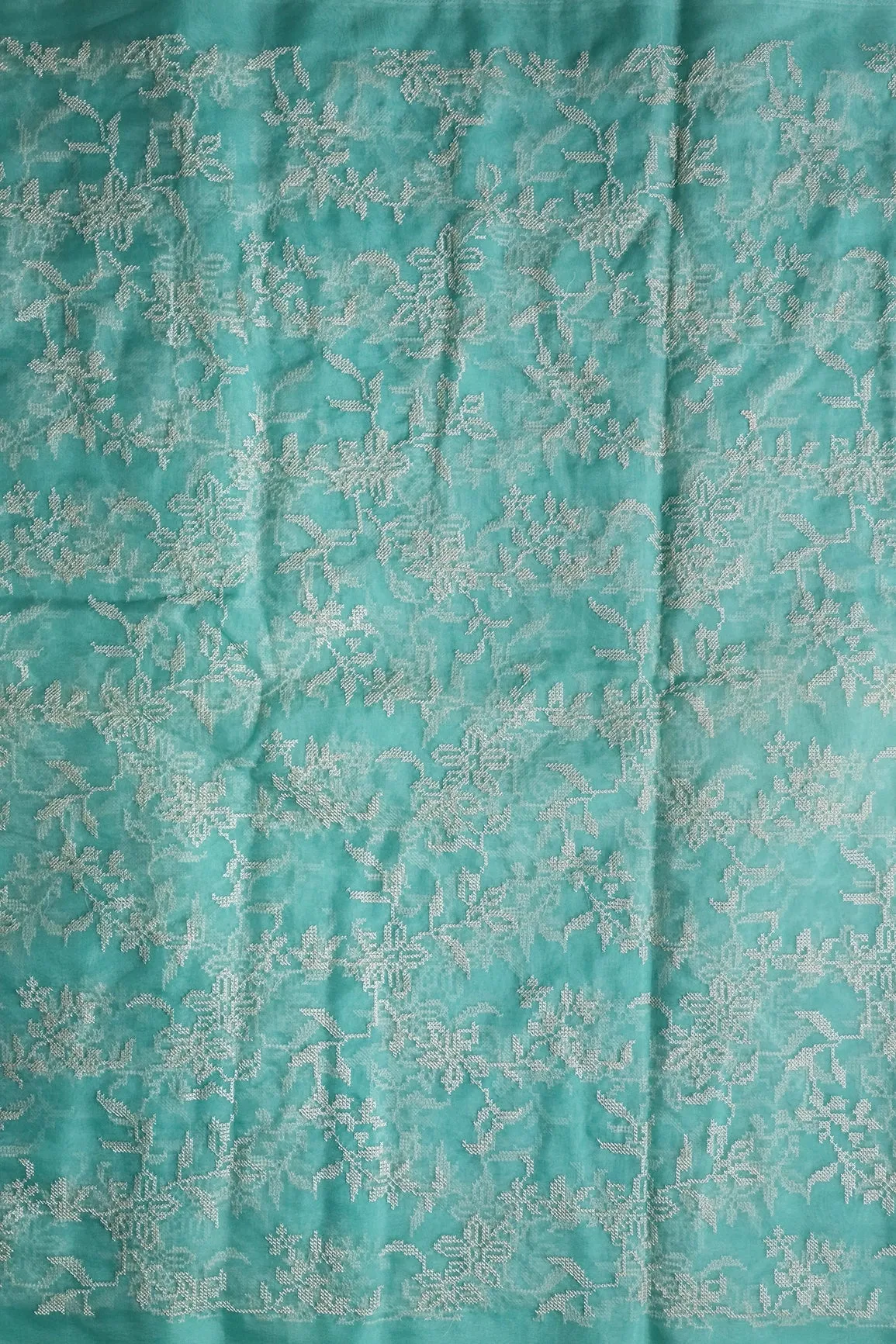 White Thread Magnificent Floral Embroidery Work On Sea Green Organza Fabric