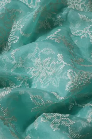 White Thread Magnificent Floral Embroidery Work On Sea Green Organza Fabric
